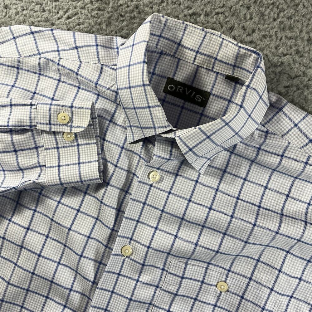 Orvis Button Down Shirt Mens Large Blue Plaid Check Long Sleeve 100% Cotton